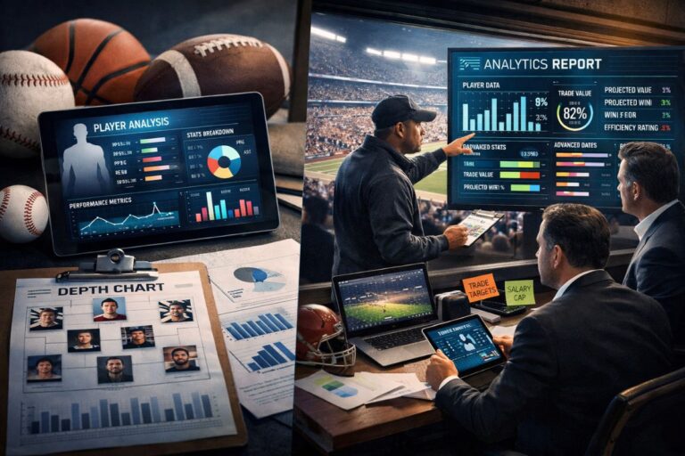 Sports analytics screens and people