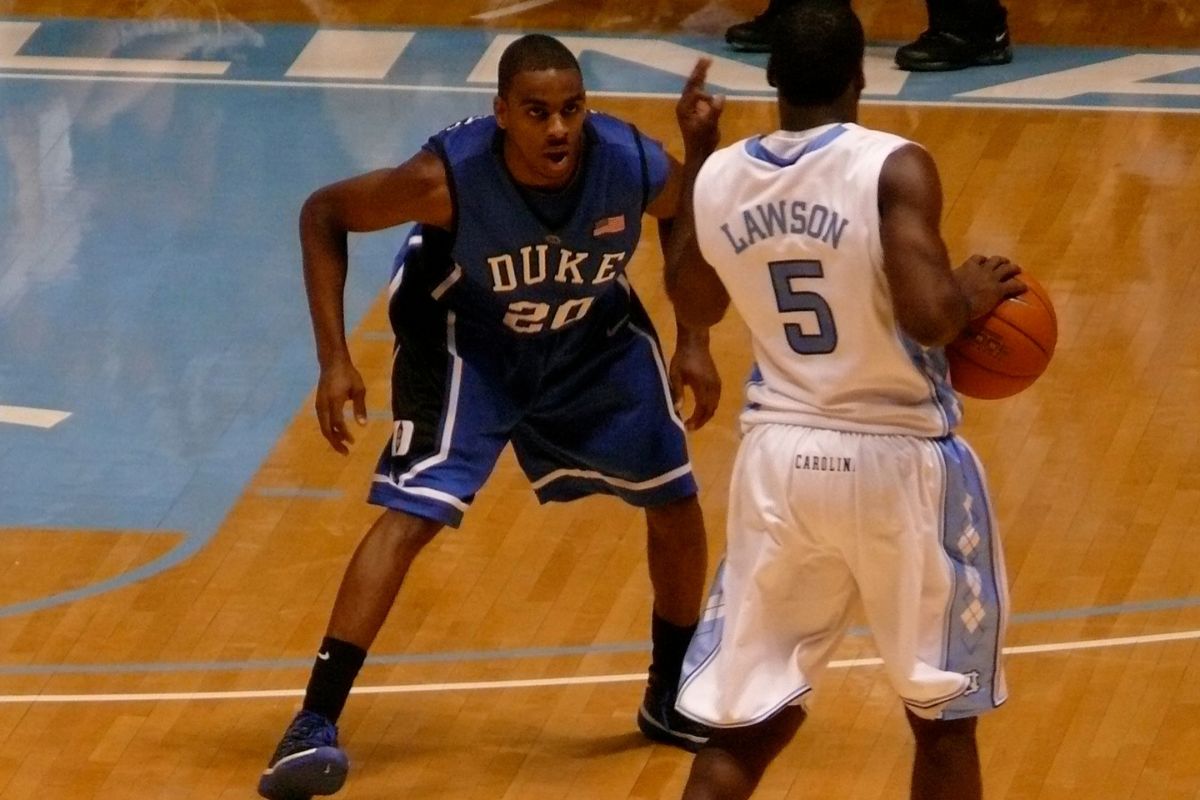 Elliott Williams of Duke defending Ty Lawson of North Carolina, Chapel Hill, NC, May 2009.
