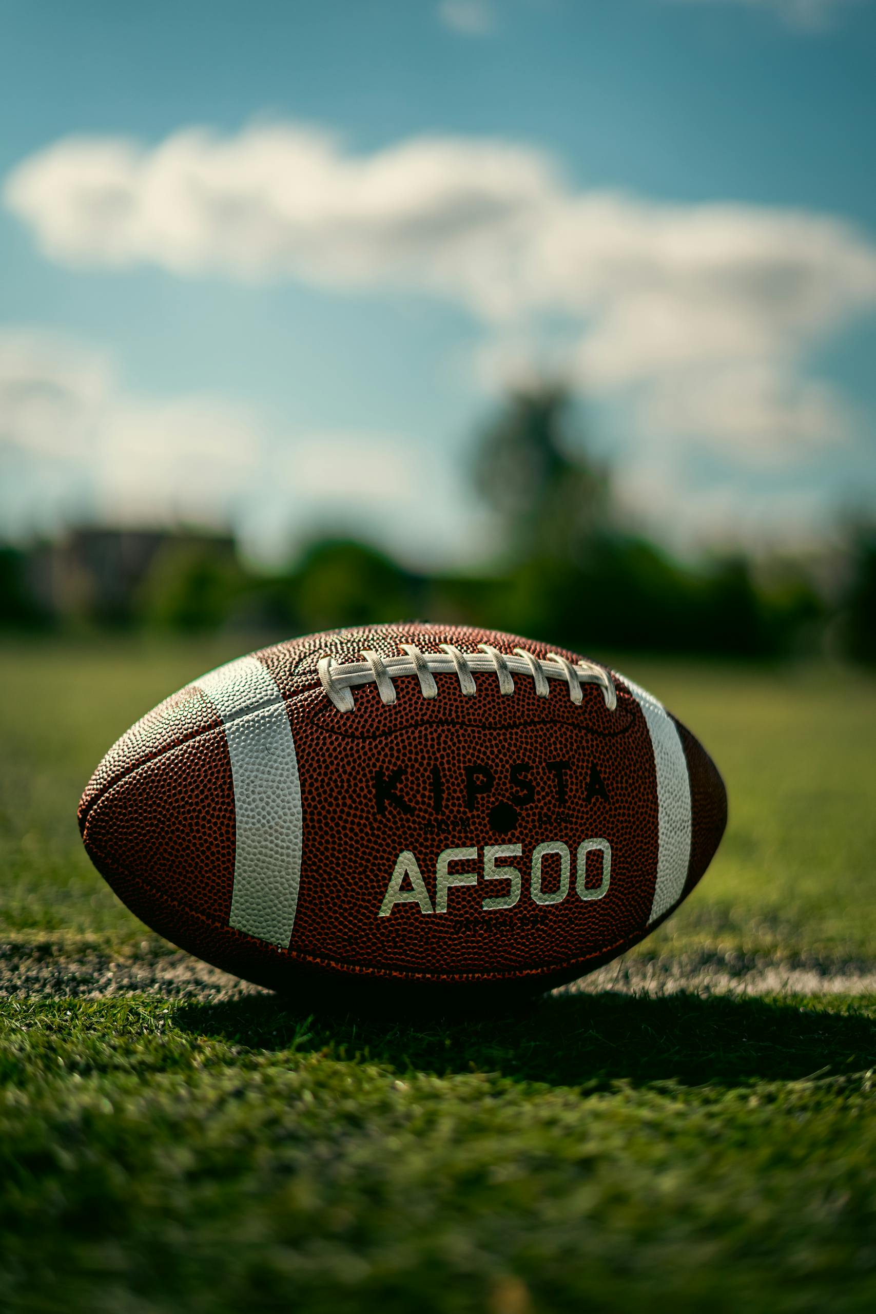 Detailed photo of a Kipsta AF500 football resting on a grassy field under a blue sky.