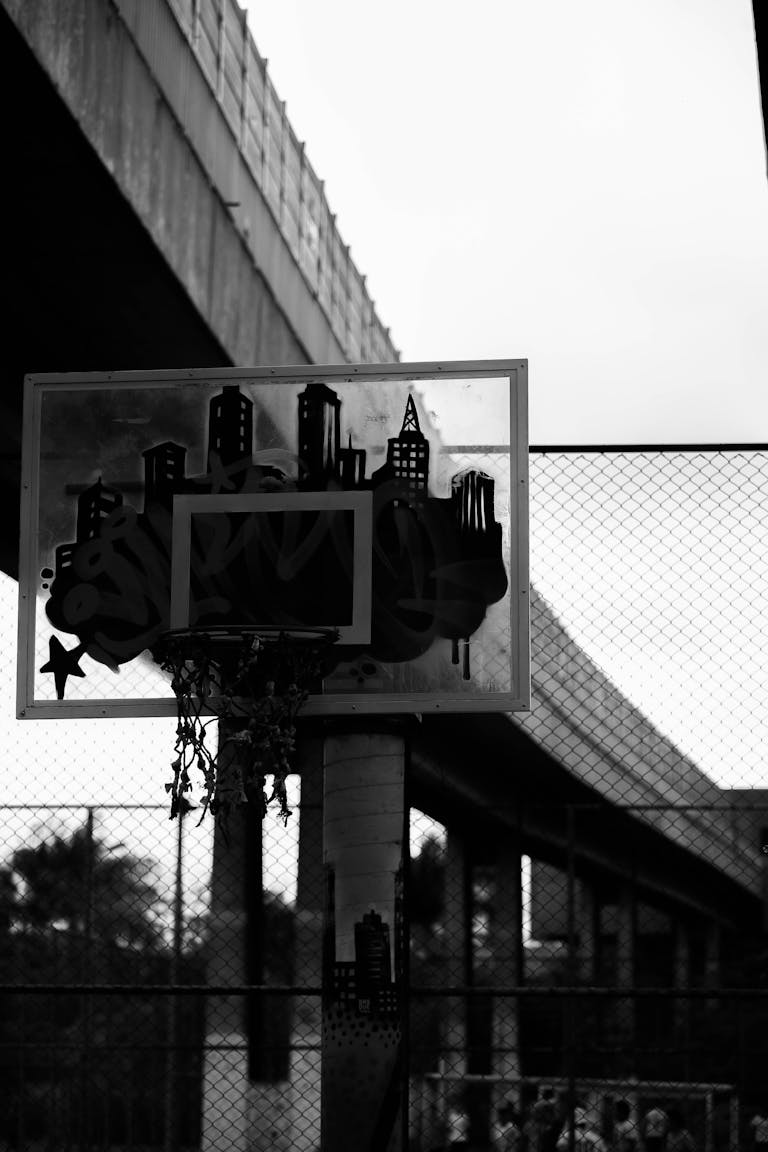 Black-and-white photo of an outdoor basketball hoop with urban skyline background.