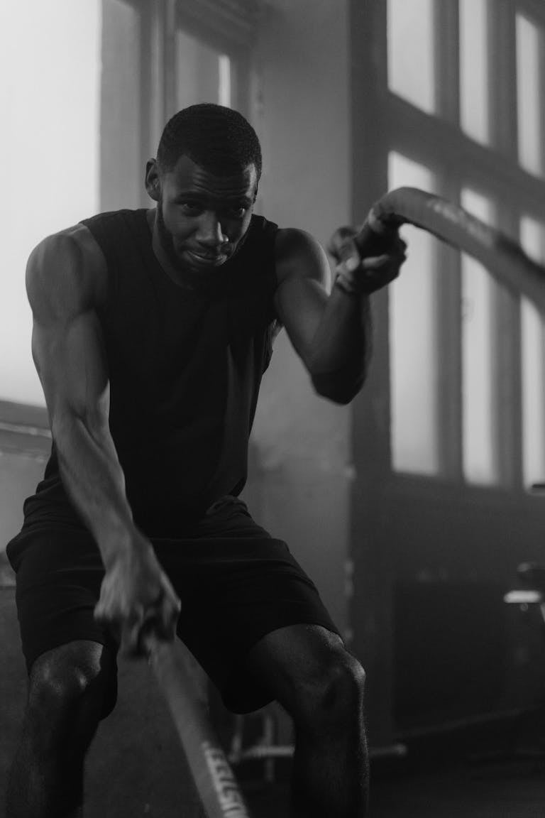 Focused man in gym intensively training with ropes indoors.