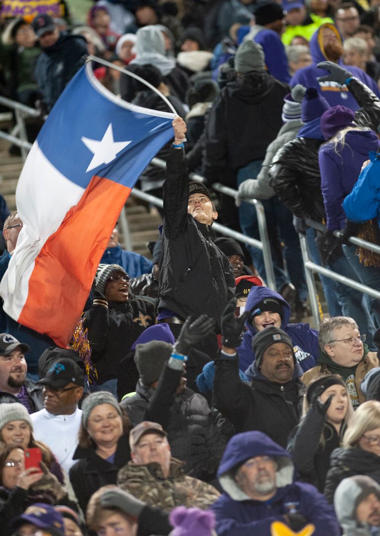 A lively crowd at an outdoor event, featuring a prominently displayed Texas flag, capturing excitement and unity.