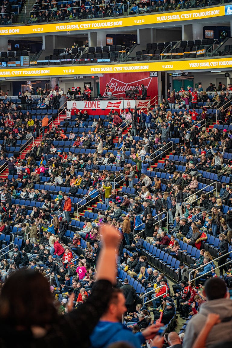 A vibrant crowd cheers at a sports event in a Québec stadium.