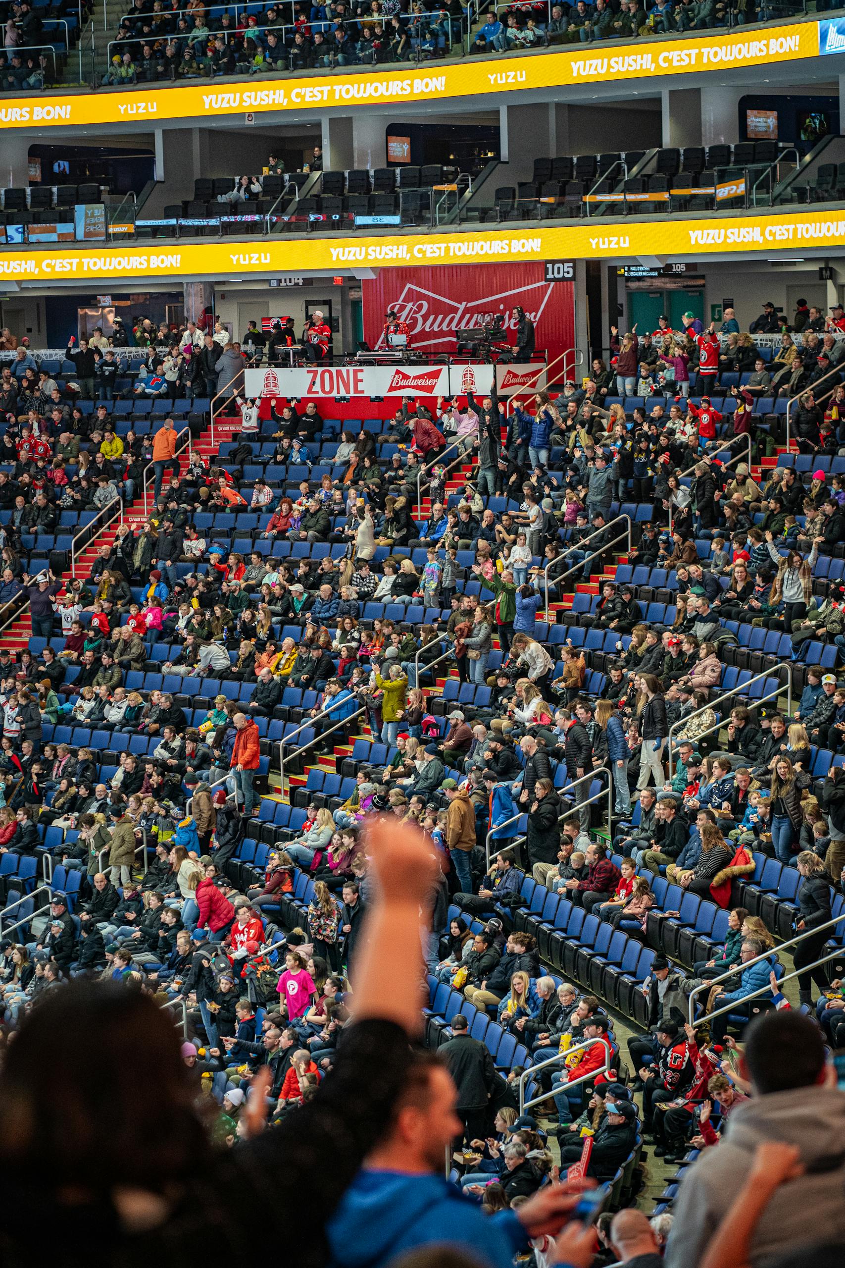 A vibrant crowd cheers at a sports event in a Québec stadium.