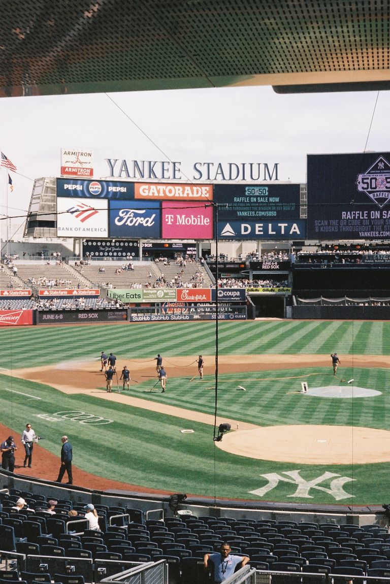 A view of Yankee Stadium's baseball field during the day, capturing the infield and outfield.