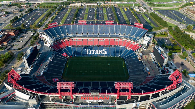 Aerial shot of the empty Nissan Stadium, home to the Tennessee Titans in Nashville.