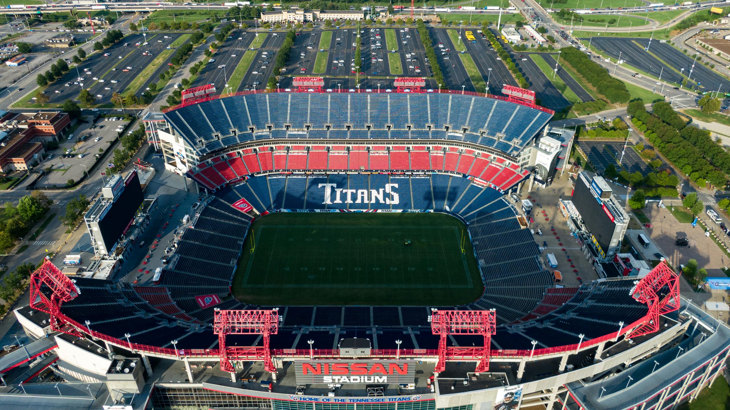 Aerial shot of the empty Nissan Stadium, home to the Tennessee Titans in Nashville.