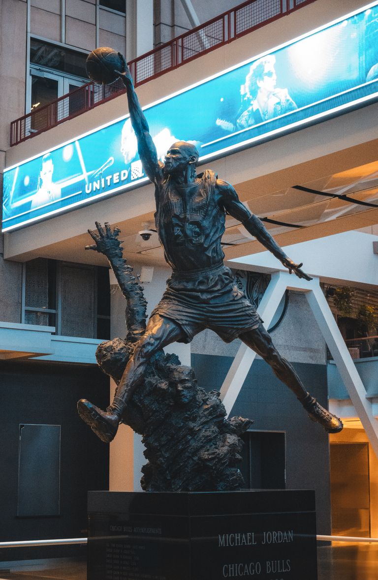 Michael Jordan statue in United Center atrium, Chicago Bulls legend.