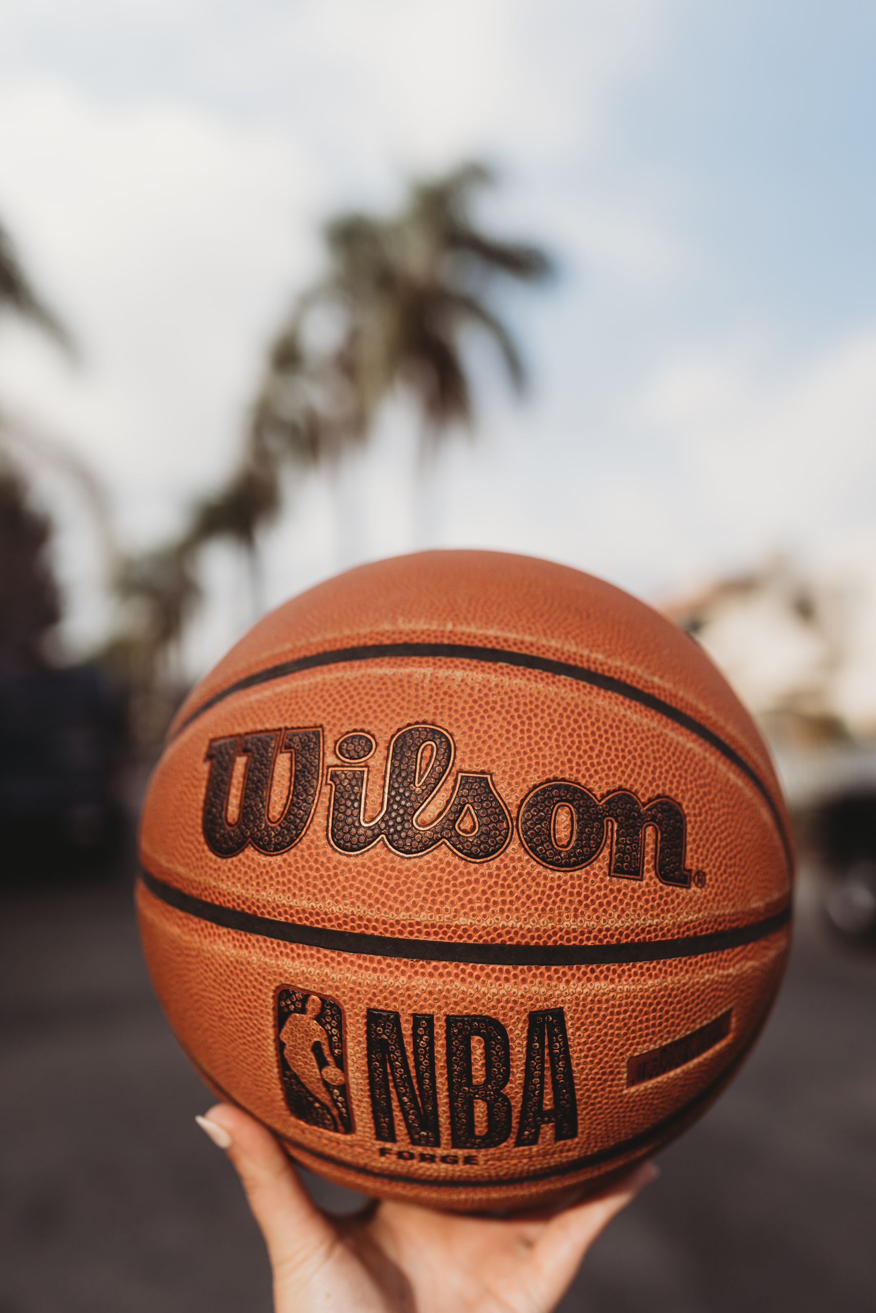 A close-up outdoor shot of a Wilson basketball, featuring NBA logo, held by a hand with palm trees in the background.