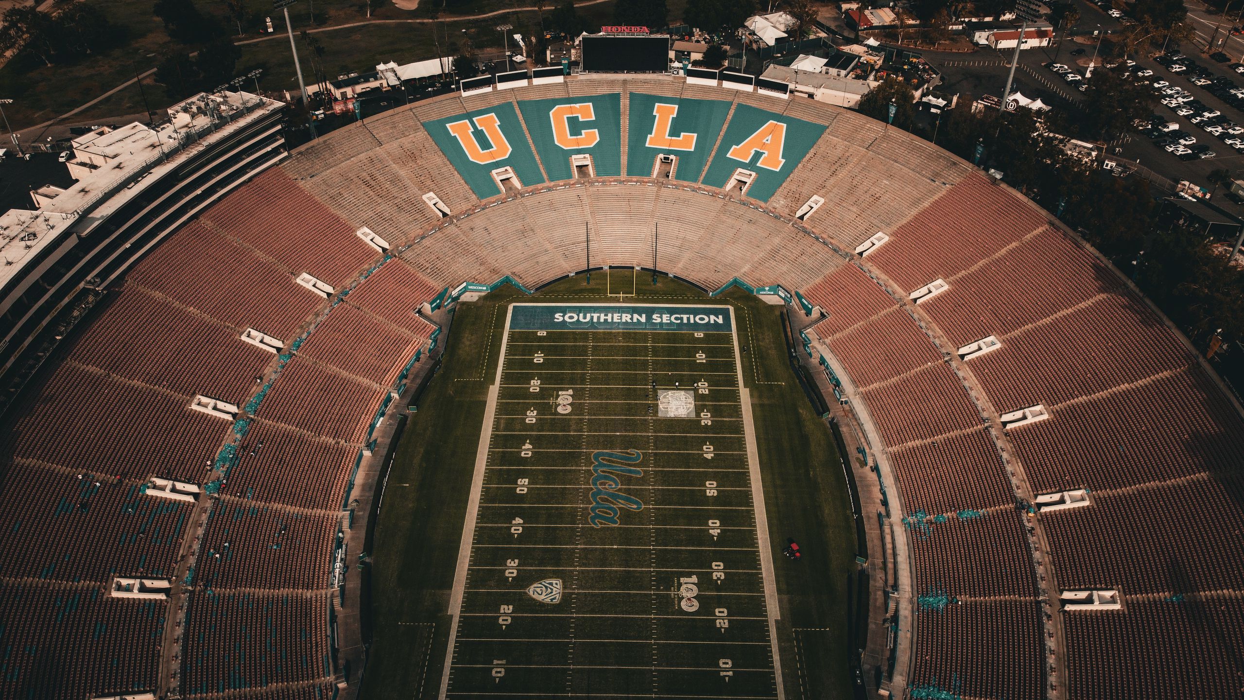 A captivating aerial shot of UCLA's famous Rose Bowl stadium in Los Angeles.