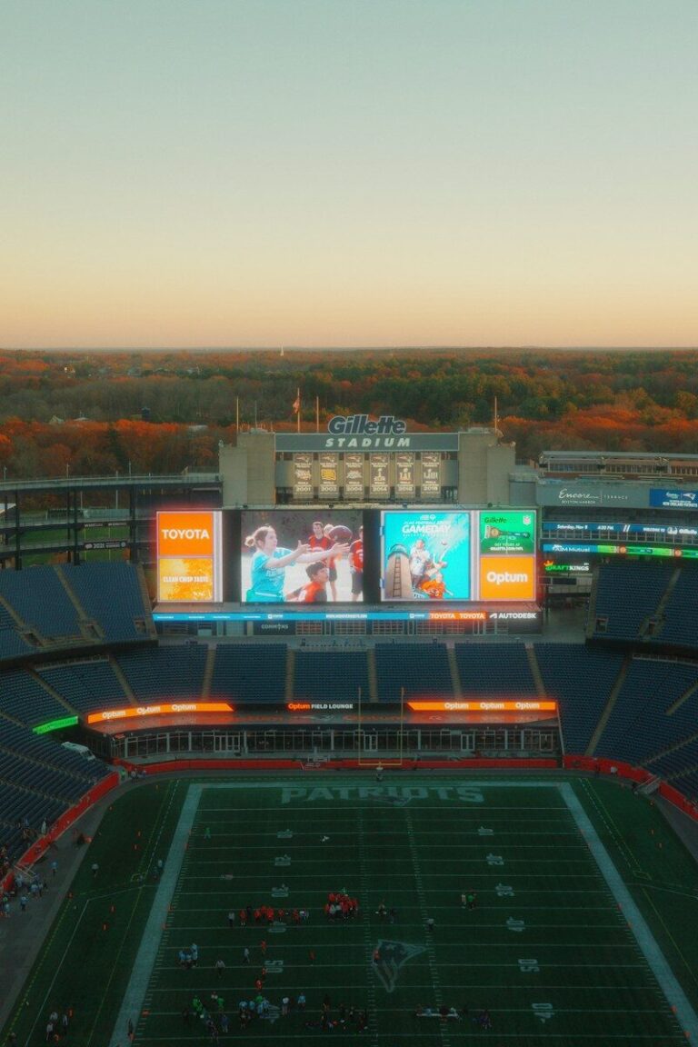 Gillette stadium with a football field below