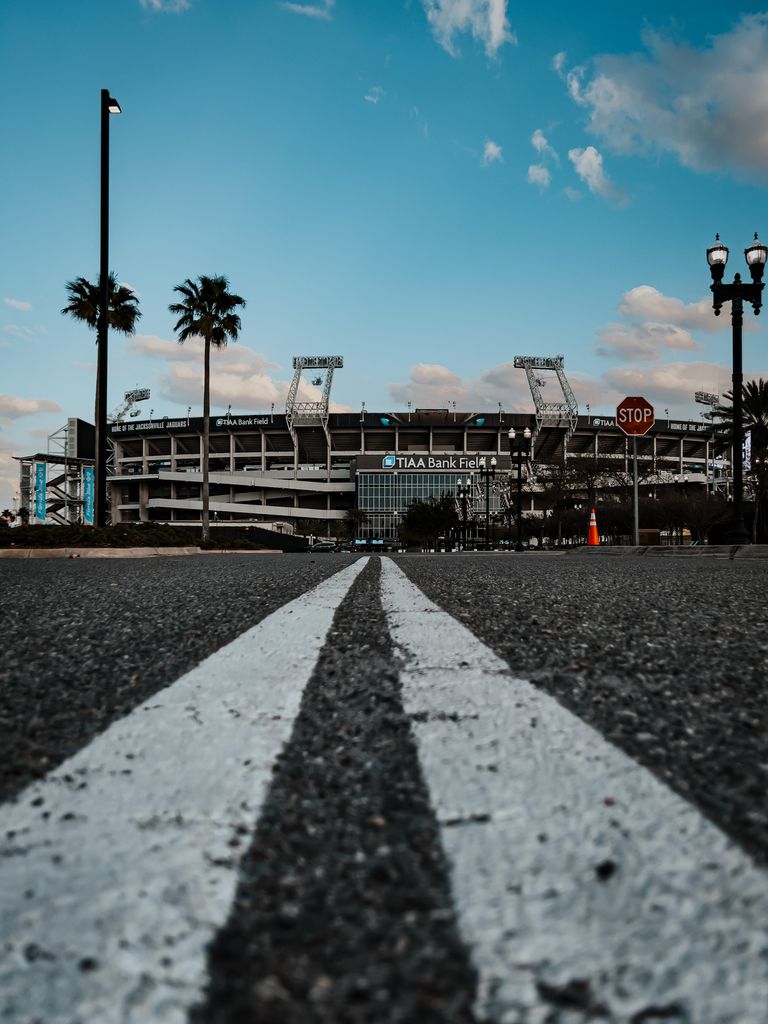 TIAA Bank Field in Jacksonville, Florida, captured from the road with palm trees and clear skies.